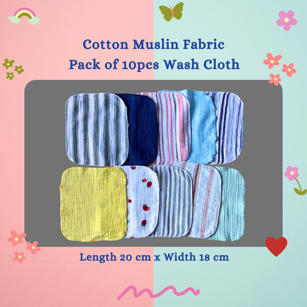 Organic Cotton Muslin Reusable Cotton Wash Cloth / Muslin wipes - Pack of 10 pcs