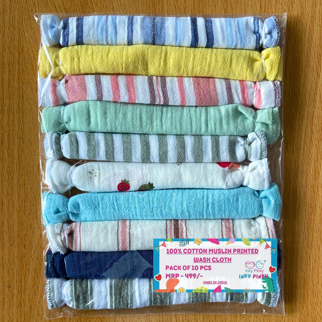 Organic Cotton Muslin Reusable Cotton Wash Cloth / Muslin wipes - Pack of 10 pcs