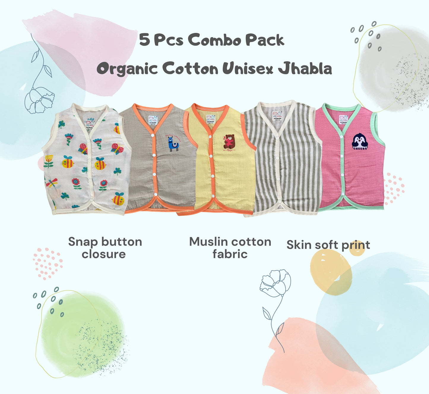 Comb Pack of 5 pcs Organic Cotton Unisex Muslin Jhabla's