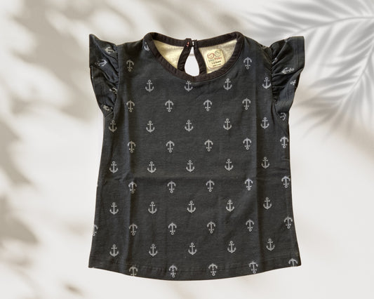 Girls Cotton Printed Frill Sleeve Top
