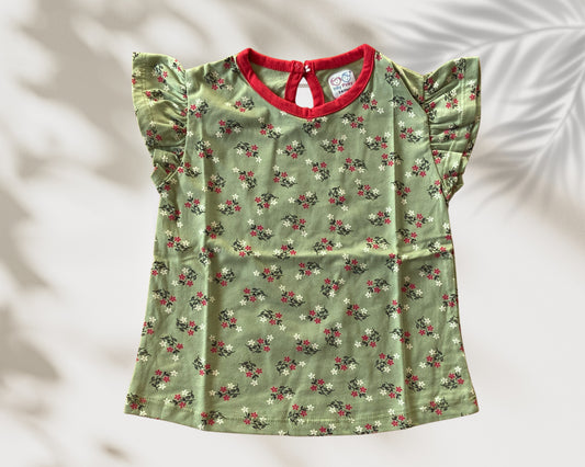 Girls Cotton Printed Frill Sleeve Top