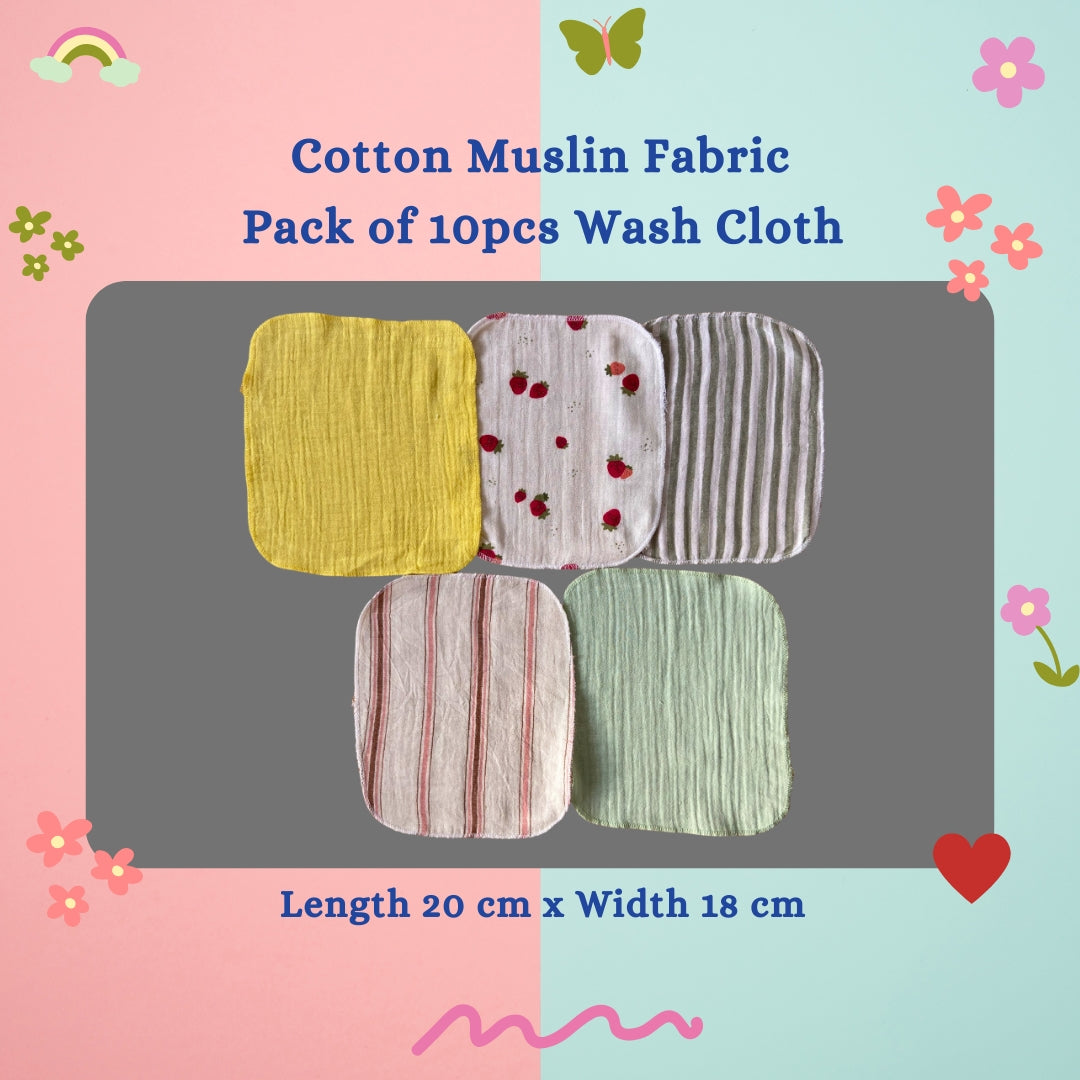 Organic Cotton Muslin Reusable Cotton Wash Cloth / Muslin wipes - Pack of 10 pcs