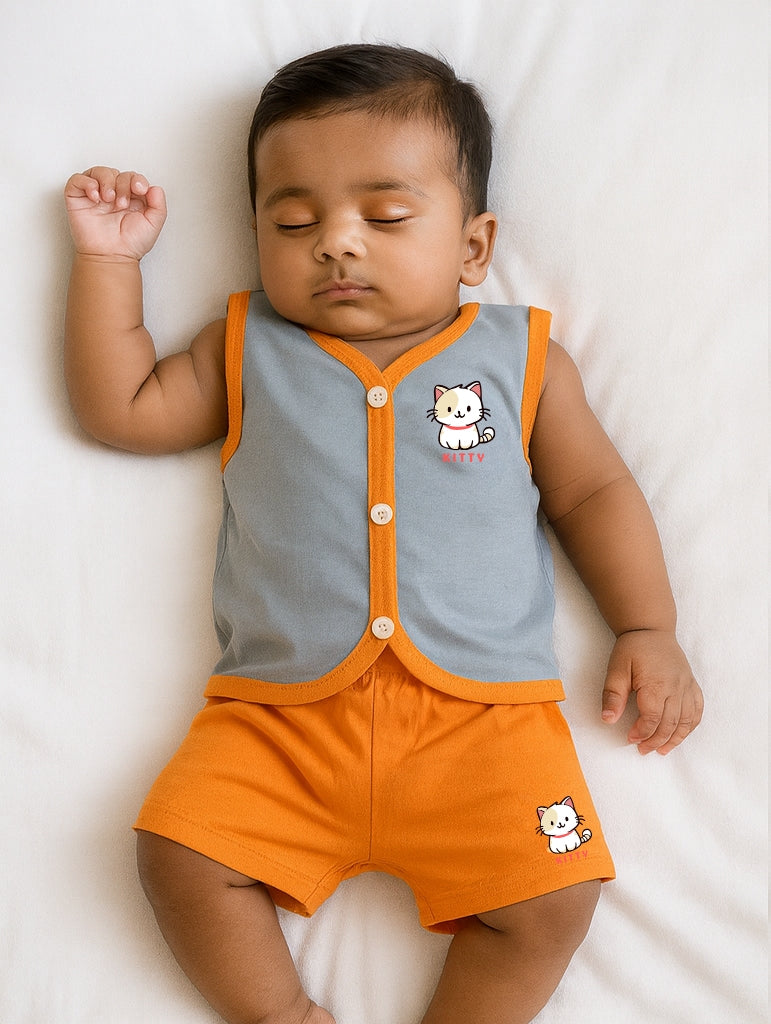 Cotton Printed Sleeveless Jhabla & Shorts Set - IP16