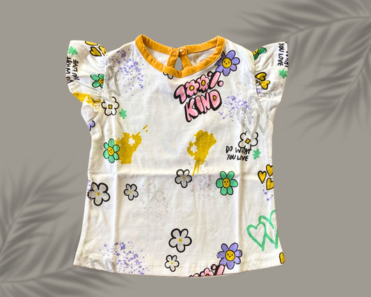 Girls Cotton Printed Frill Sleeve Top