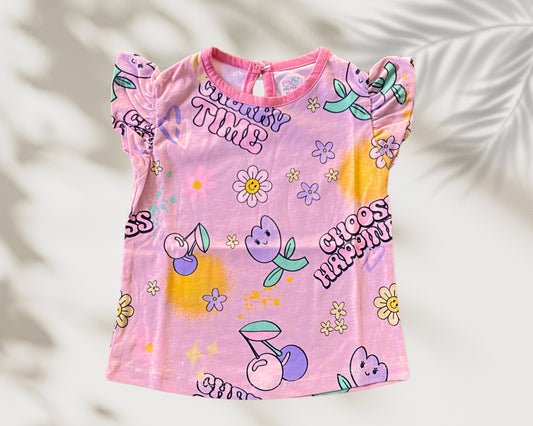 Girls Cotton Printed Frill Sleeve Top