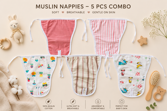 5 pcs Combo Organic Cotton Muslin 2 Layered Unisex Nappies IP28