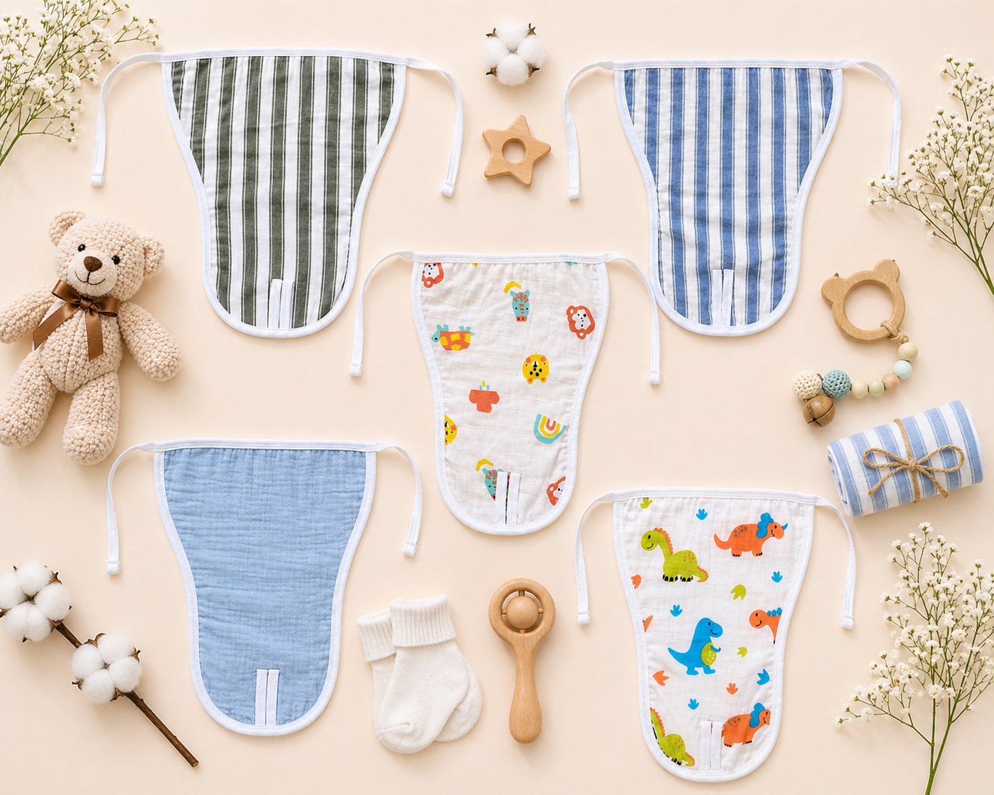 5 pcs Combo Organic Cotton Muslin 2 Layered Unisex Nappies IP28