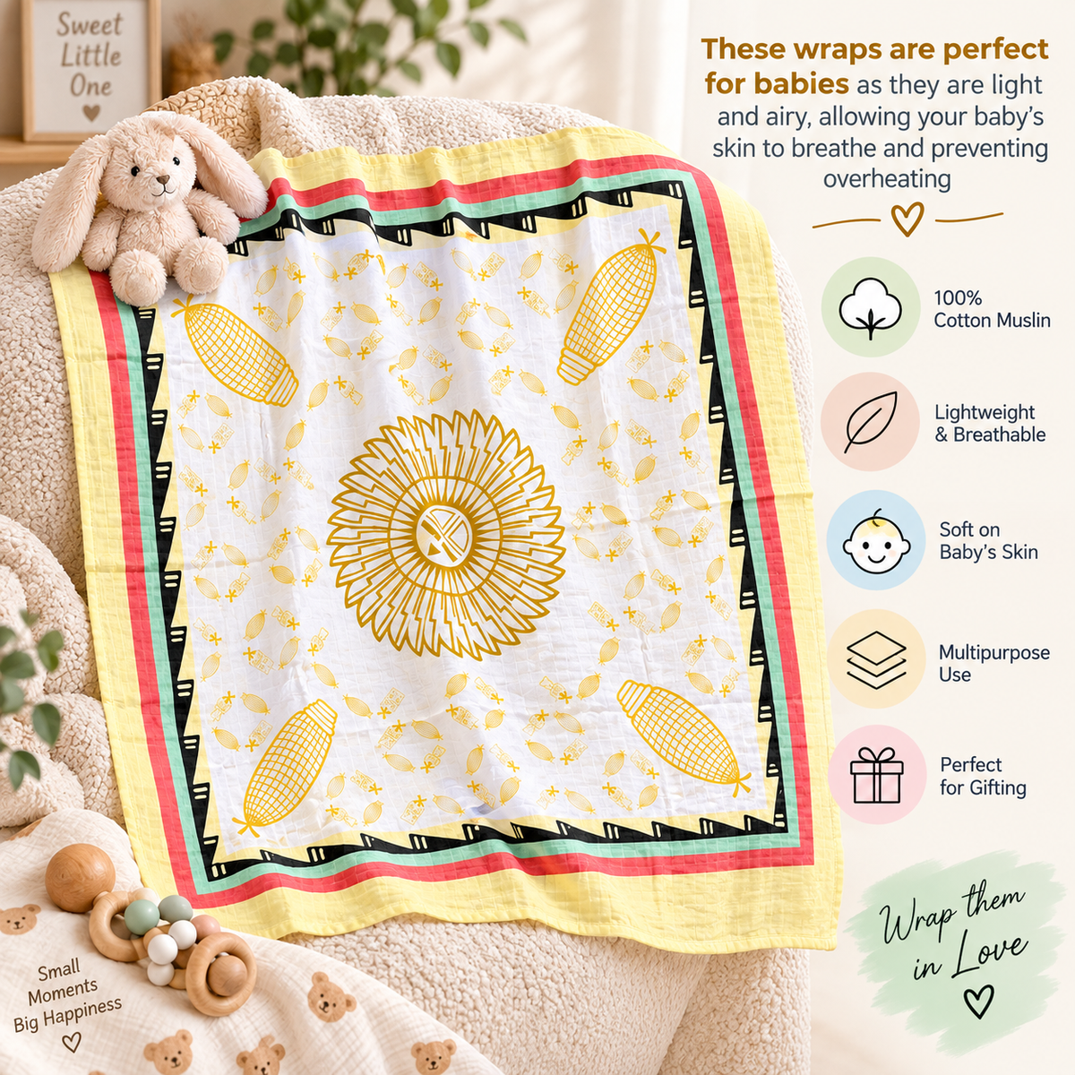 100% Cotton Muslin Printed Baby Swaddle Wrap – 120 × 120 cm,  IP45