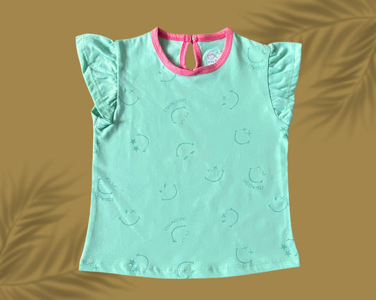 Girls Cotton Printed Frill Sleeve Top